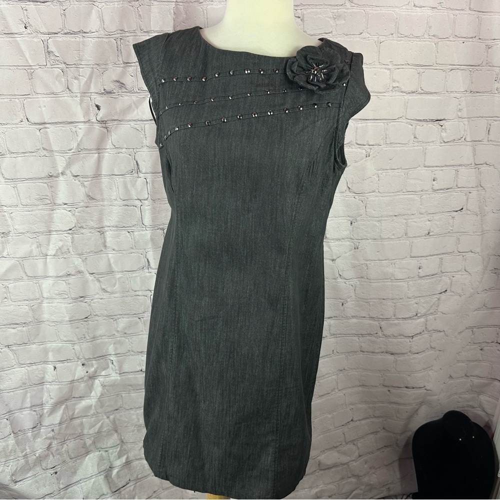 sandra darrenn cap sleeve sheath denim Dress sz 14P embellished flower boho